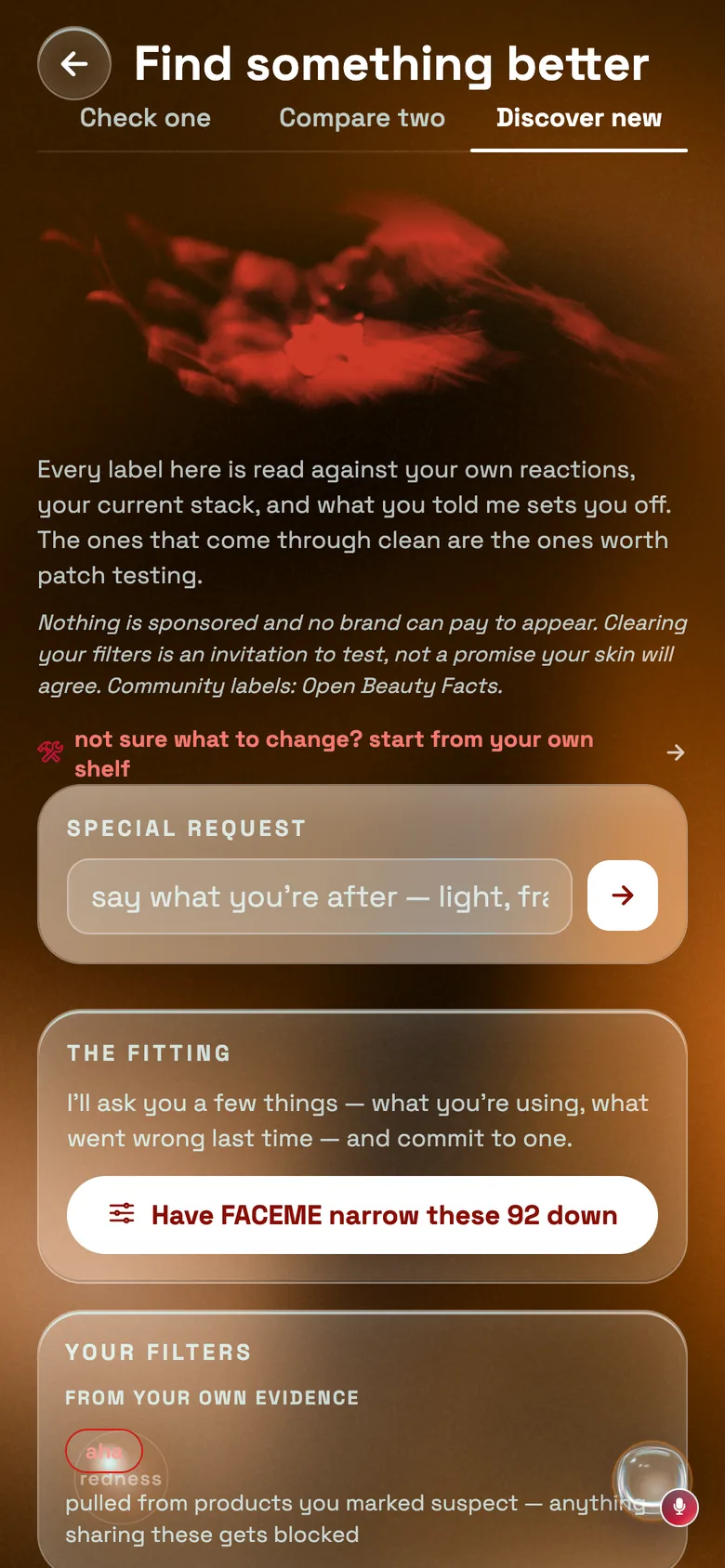 FACEME's Discover new screen: the library read against the user's own reactions, the special request box, and the fitting that narrows the candidates to one.